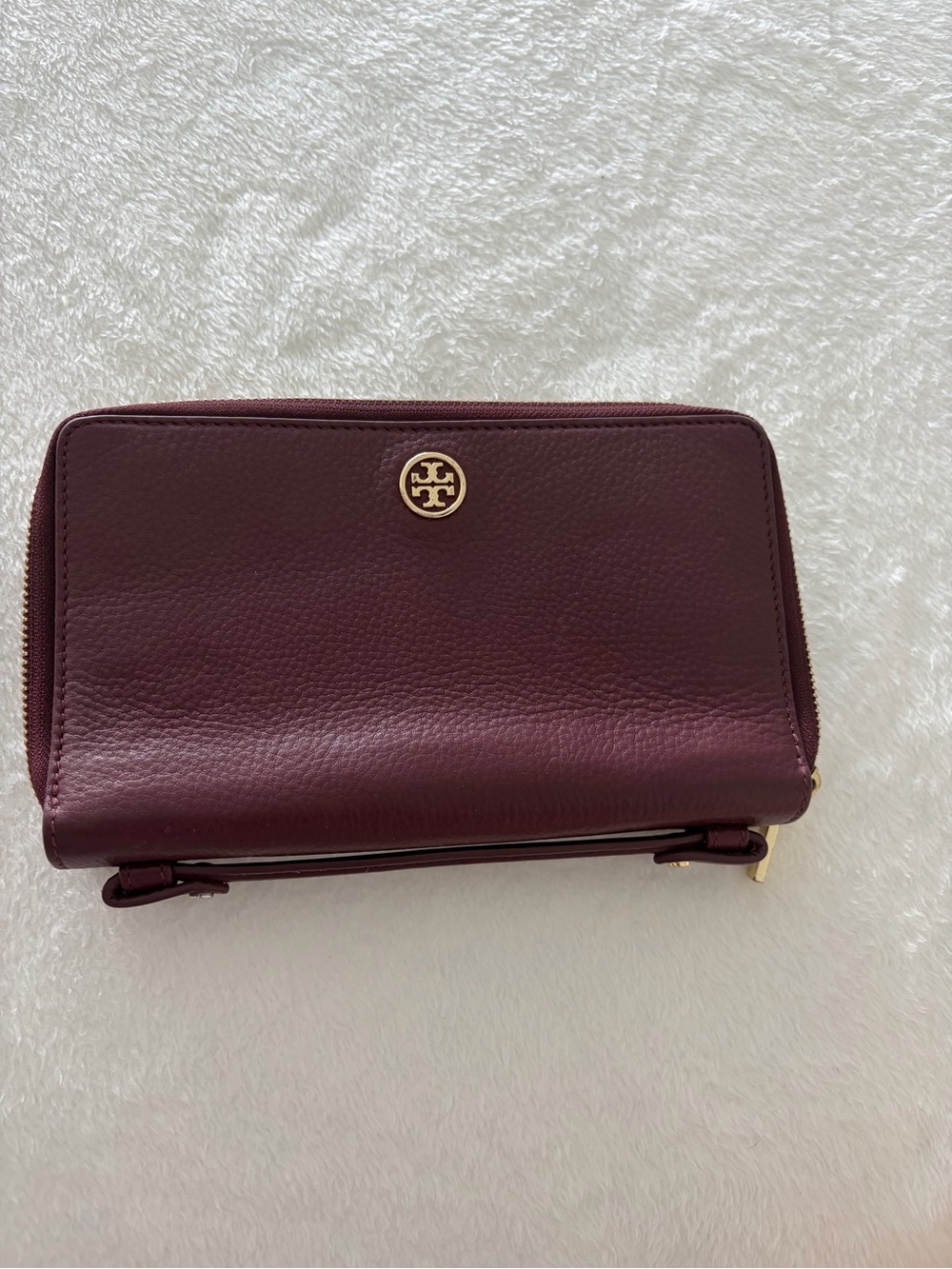 Tory Burch Burgundy Leather Zip Wristlet with Gold Logo